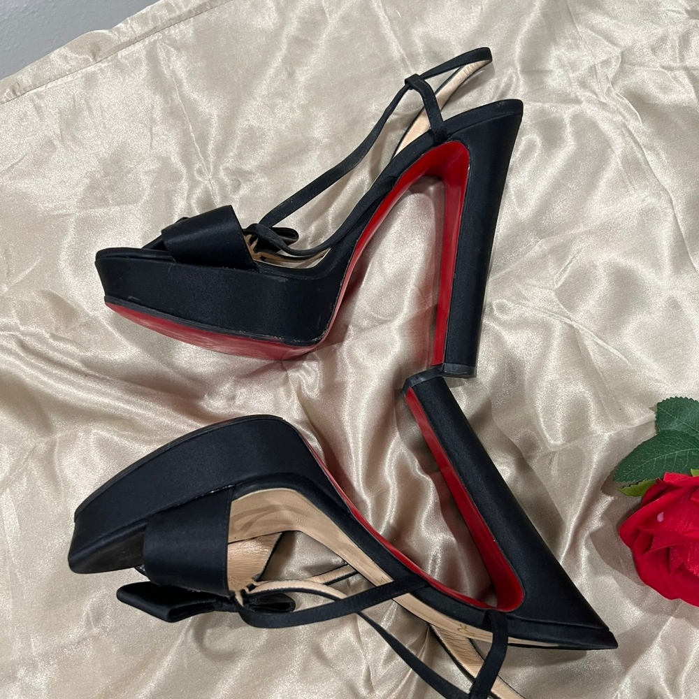 Christian Louboutin Satin Bow Slingback Platform Heels - Picture 9 of 12